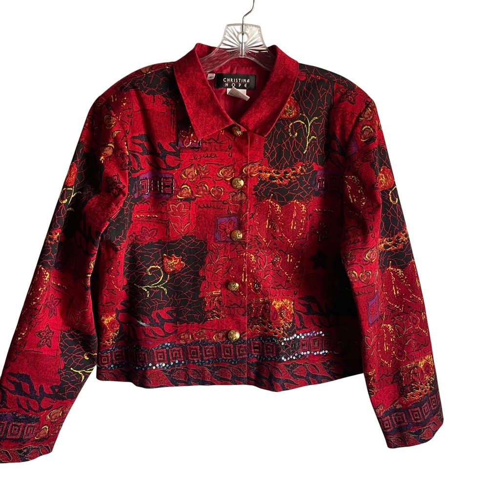 VTG Christina Hope‎ Red Gold Patchwork Art Jacket M Made Hong Kong Cotton Blend